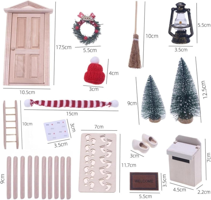 Nabeta Deco Wichteltür Zubehör Wichteltür Set Weihnachtsbaum Dekokranz Holzleiter Teppich Bank Hüte