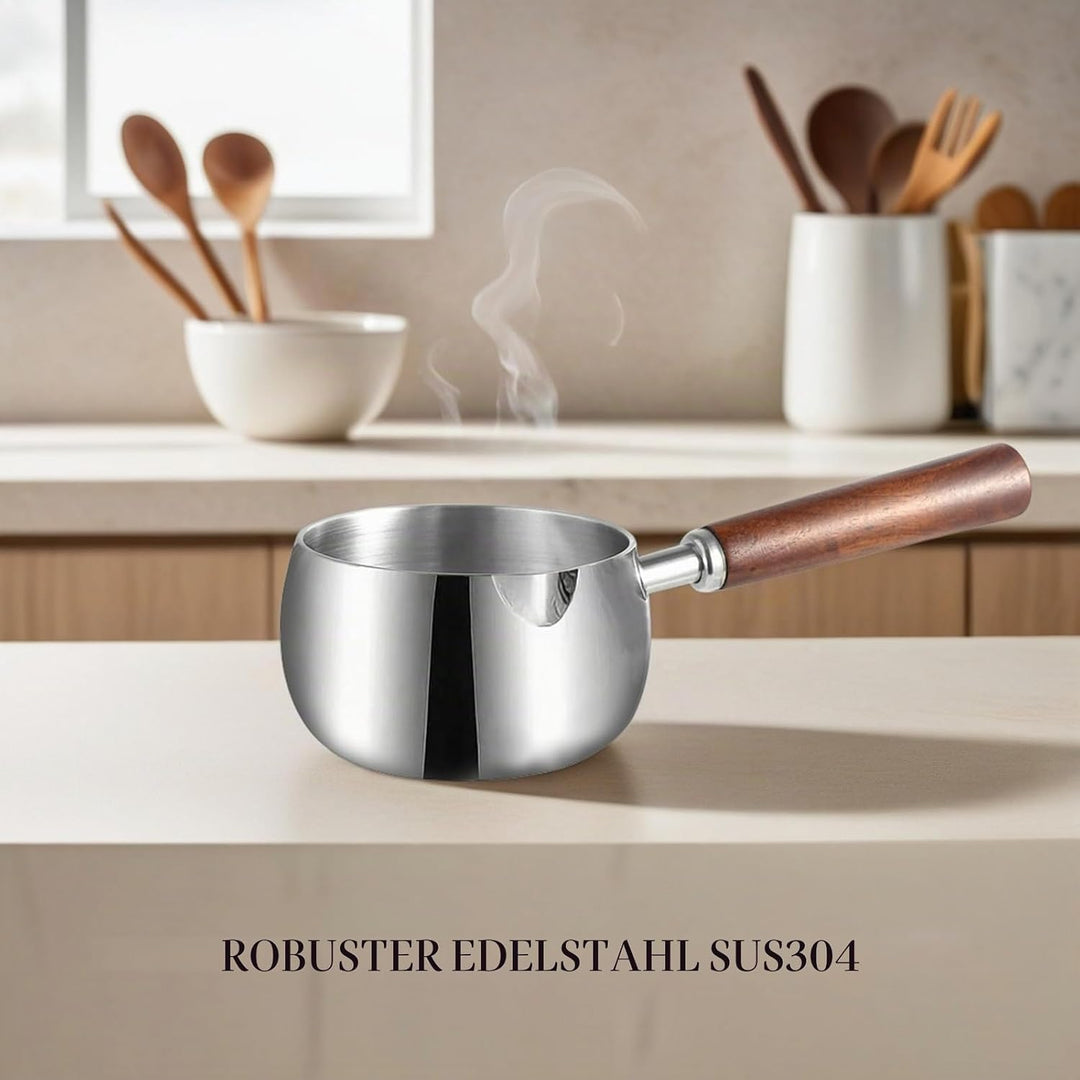 IMEEA Edelstahl Milchkochtopf 500ml mit Holzgriff kleiner Stielkasserolle Induktion geeignet Mini Mi