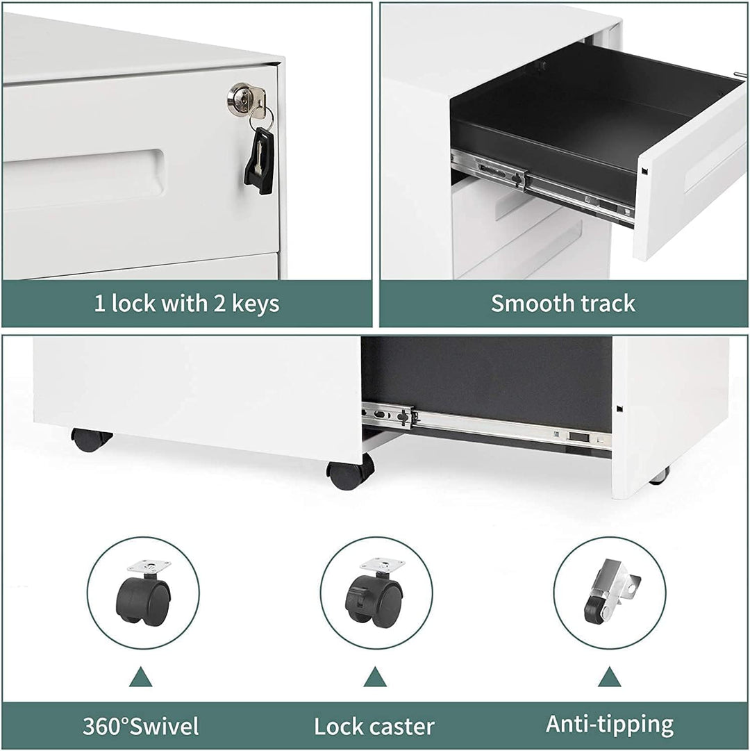 Dripex Metall Rollcontainer Stahl Rollcontainer mit 3 Schubladen und Hängeregistratur Abschliessbare