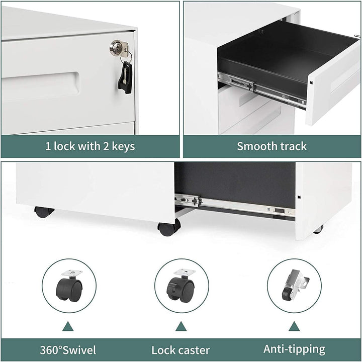 Dripex Metall Rollcontainer Stahl Rollcontainer mit 3 Schubladen und Hängeregistratur Abschliessbare
