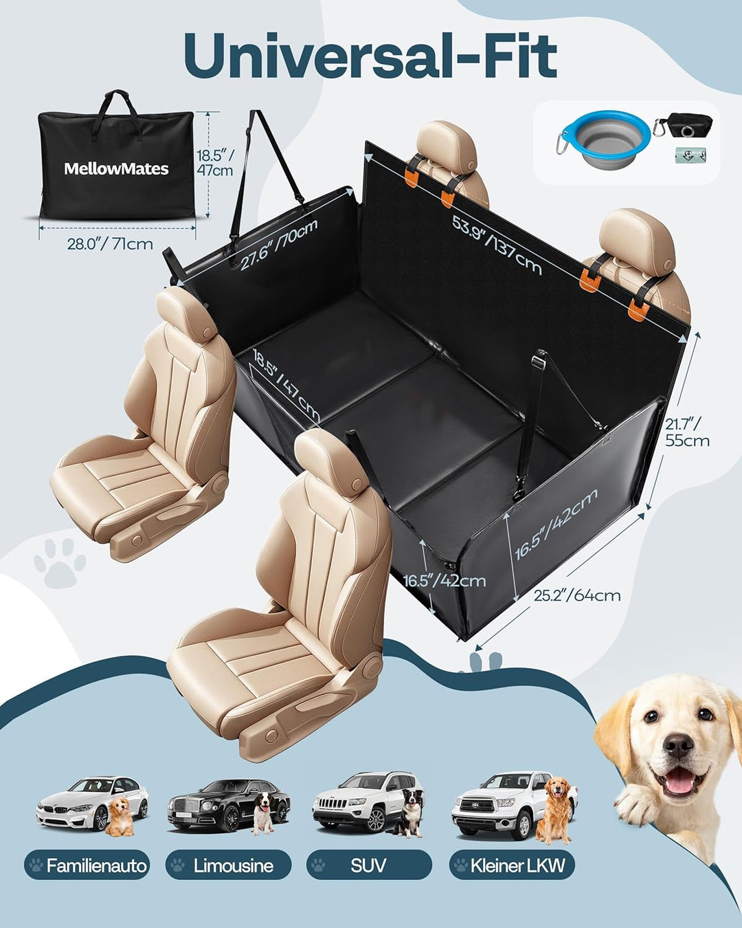 Hundedecke für Auto Rückbank Hundesitzbezug mit Harter Unterseite inkl. Seitenschutz und Sichtfenste