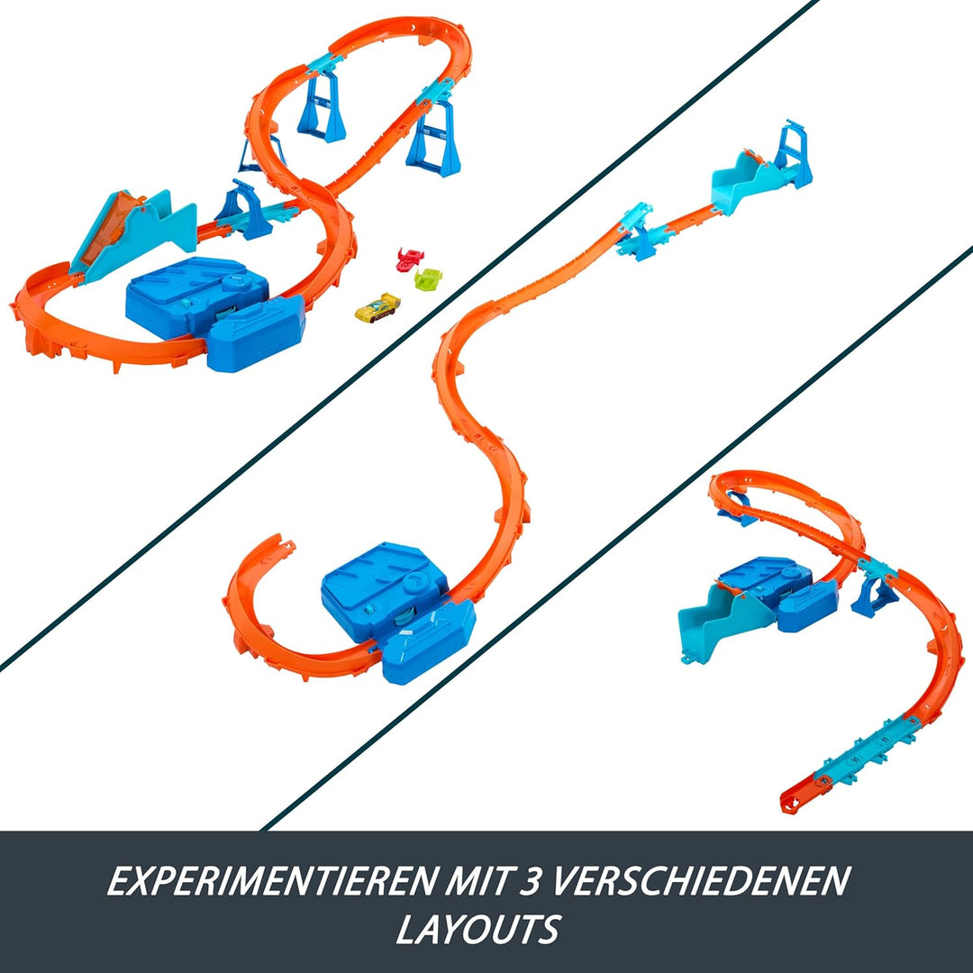 Hot Wheels Spielzeugauto Streckenset, Deluxe-Bauset mit motorisiertem Beschleuniger, Fahrzeug im Mas