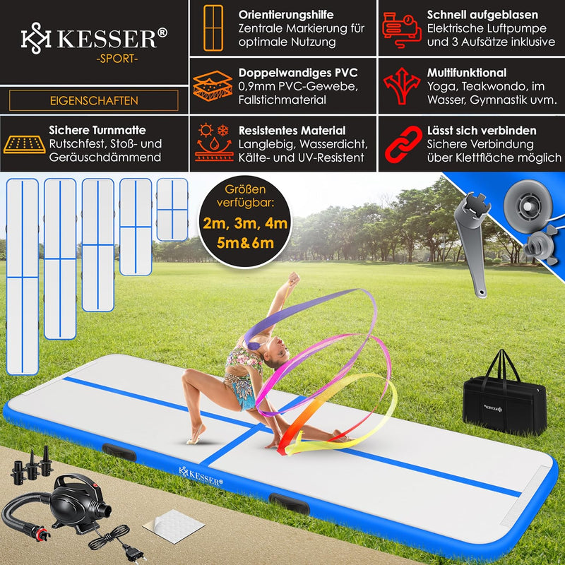 KESSER® Turnmatte Aufblasbar Airtrack Fitness-Matte Gymnastikmatte | inkl. Tragetasche & elektr. Luf