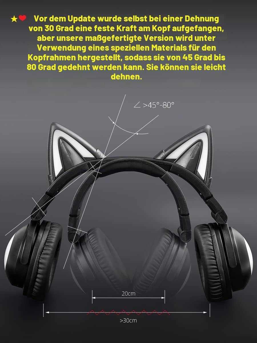 KUQIRMAOERJI Miko-J Kabellose Katzenohr-Kopfhörer (12 Farbwechsel) mit ansteckbaren HD-Mikrofon,Mikr