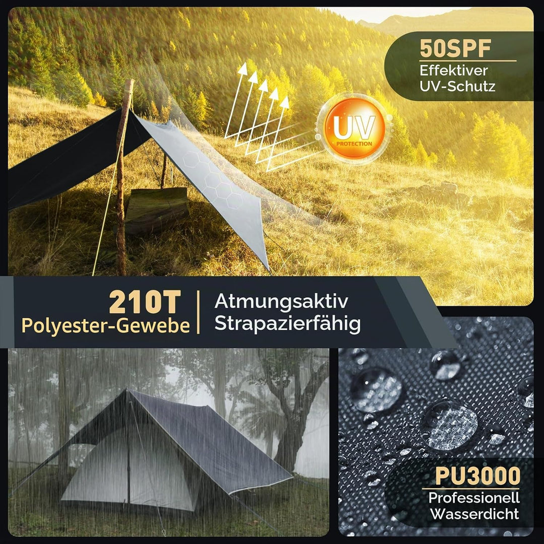 Tarp 3x4M Wasserdicht, Ultraleicht Camping Zeltplane, mit 15 Öse+6 Aluminiumstifte+8 Nylonseile, Ant