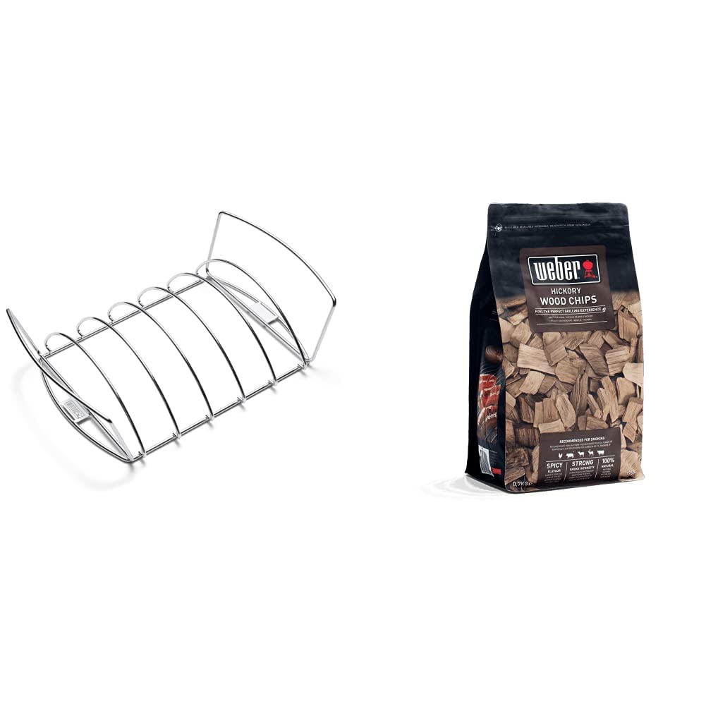 Weber 6469 Original Rib and Roast Holder & 17624 Räucherchips Hickory 700g, Räuchern, Aroma, Grillen