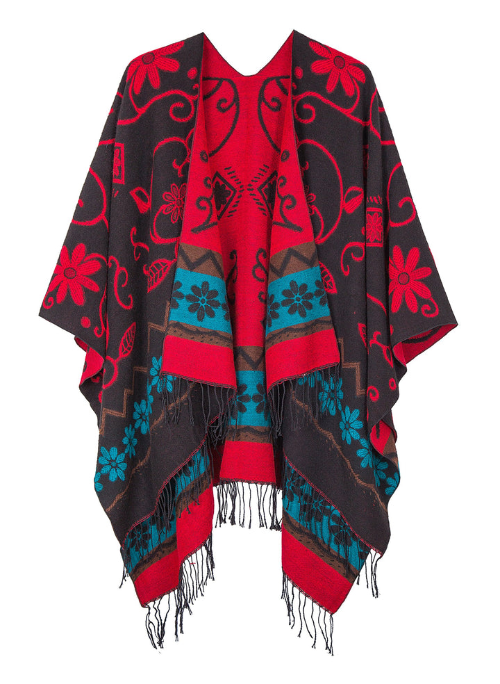 Poncho im Retro-Stil, Vintage-Muster, Quaste, Umhang für Damen Schwarz, Schwarz