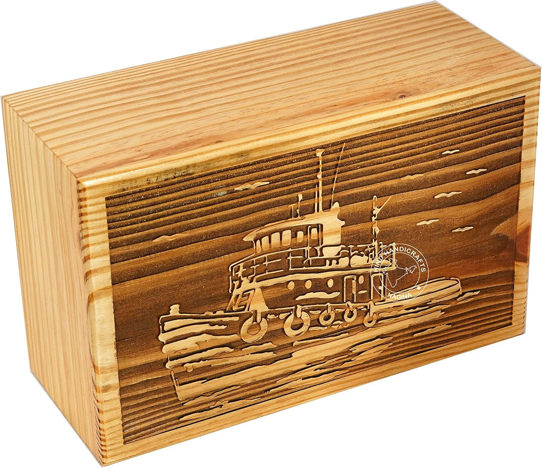 Handgefertigte Holzurne im Vintage-Schiff für menschliche Asche für Erwachsene, gross – Baum des Leb