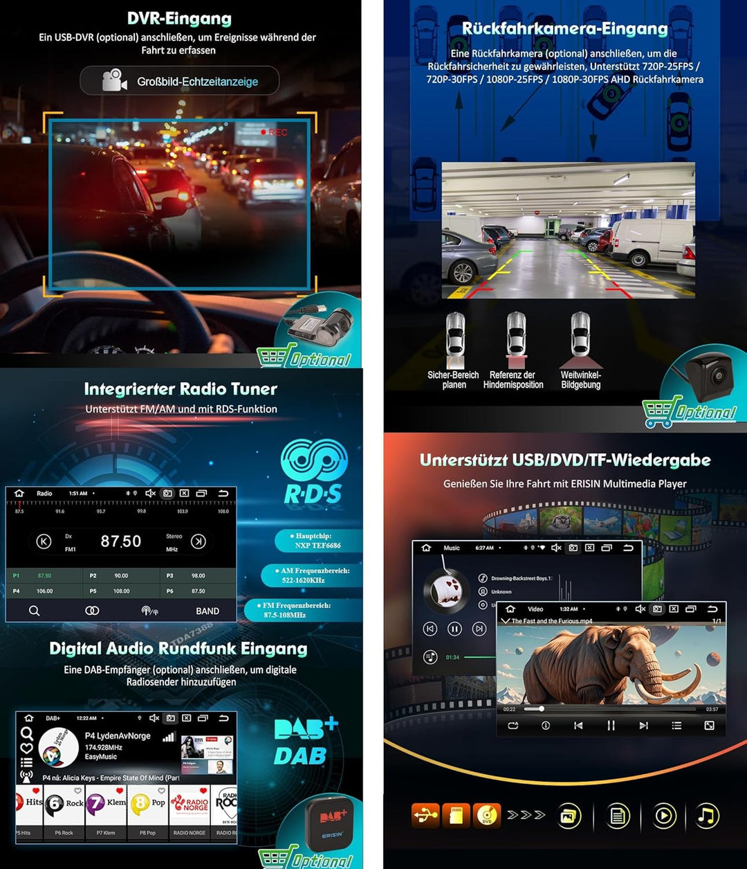 Erisin Android 14 4GB+64GB 8-Kern Autoradio GPS Navi für VW Passat B6 Golf 5 Golf 6 Touran Skoda Sea