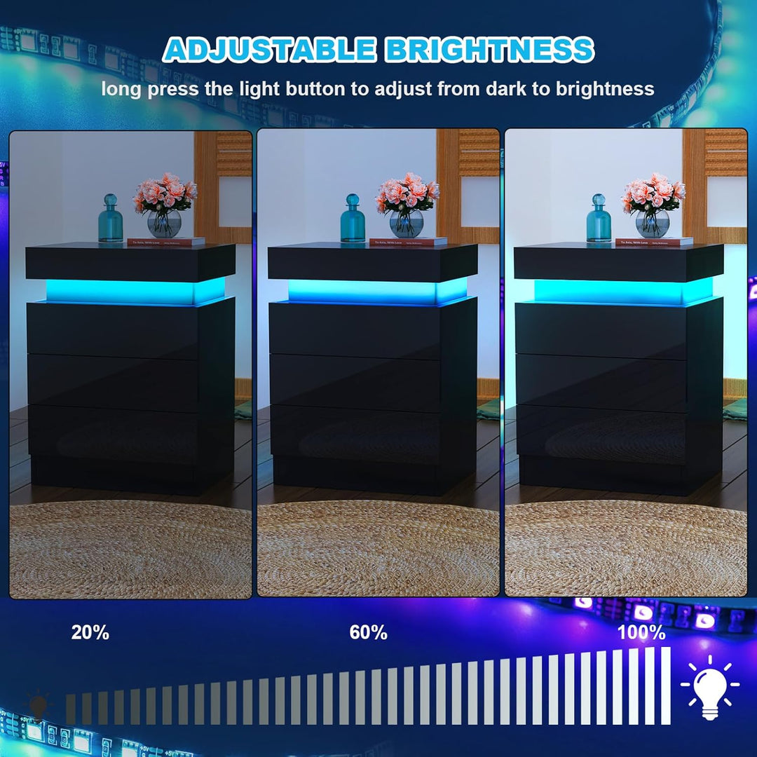 Lvhcmfohm Nachttisch Schwarz 2er Set, Nachtschrank mit Led Licht, Nachtkommode mit 3 Schubladen und