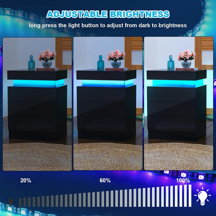 Lvhcmfohm Nachttisch Schwarz 2er Set, Nachtschrank mit Led Licht, Nachtkommode mit 3 Schubladen und