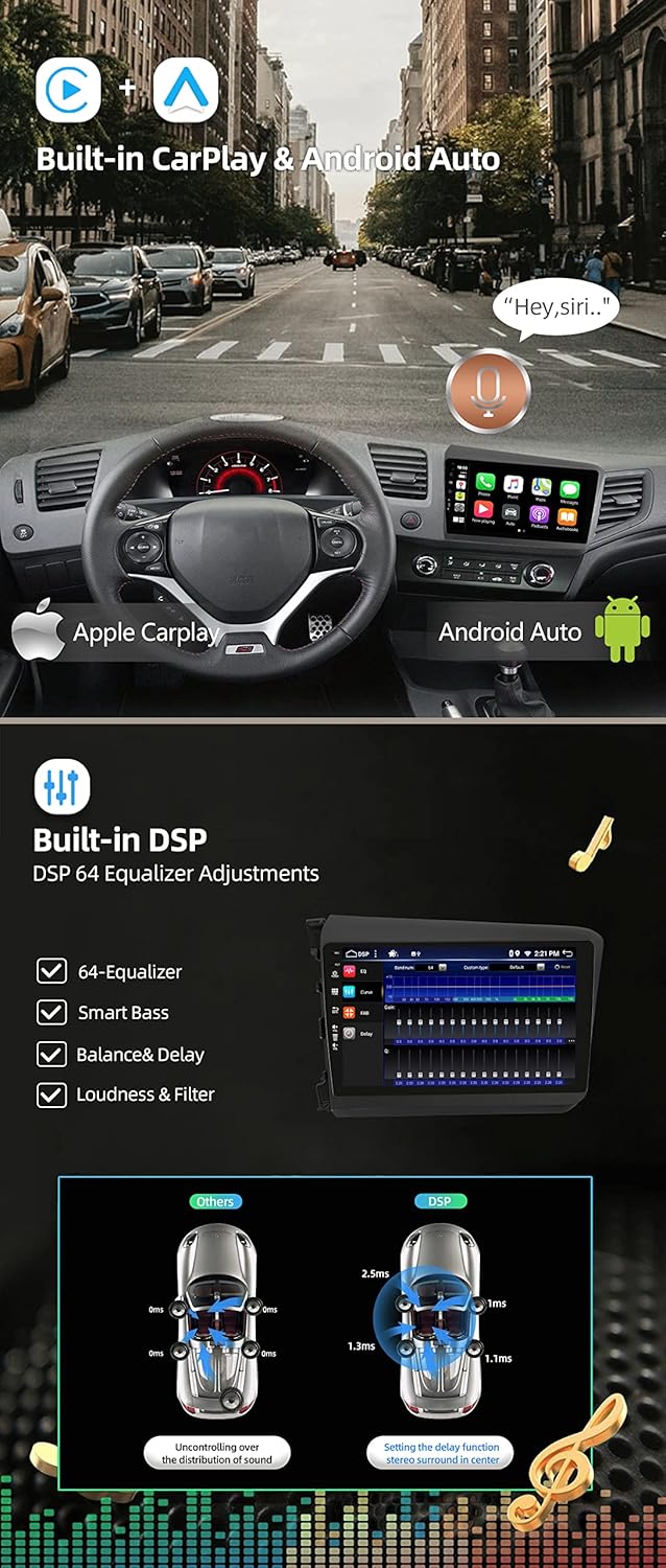 [6G+128G] - Android 15 - Autoradio für Honda Civic (2012-2015) - Kabellos CarPlay/Android Auto - LED