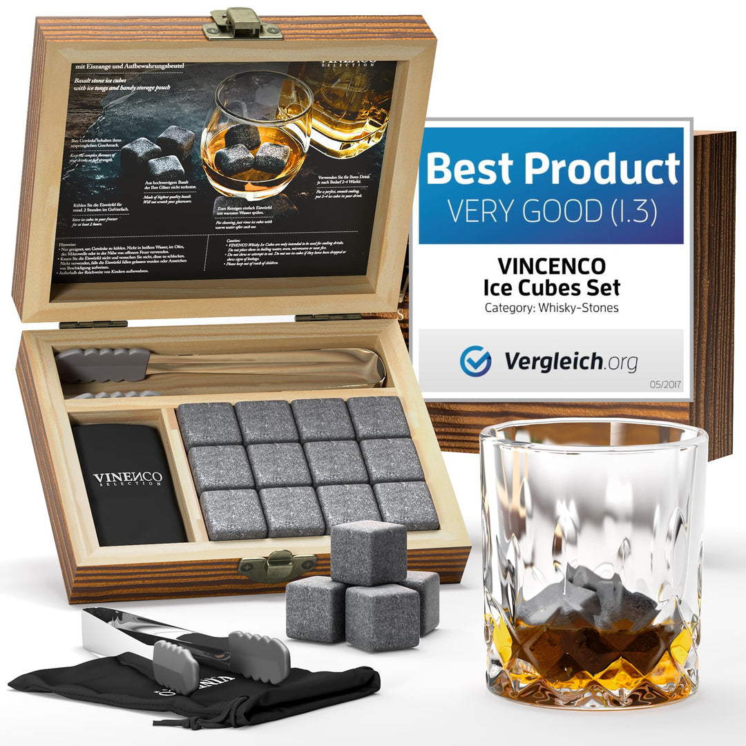 Whisky Steine Set - 12 Wiederverwendbare Basalt Eiswürfel, Zange + Stoffbeutel, Whiskey Ice Cubes Kü