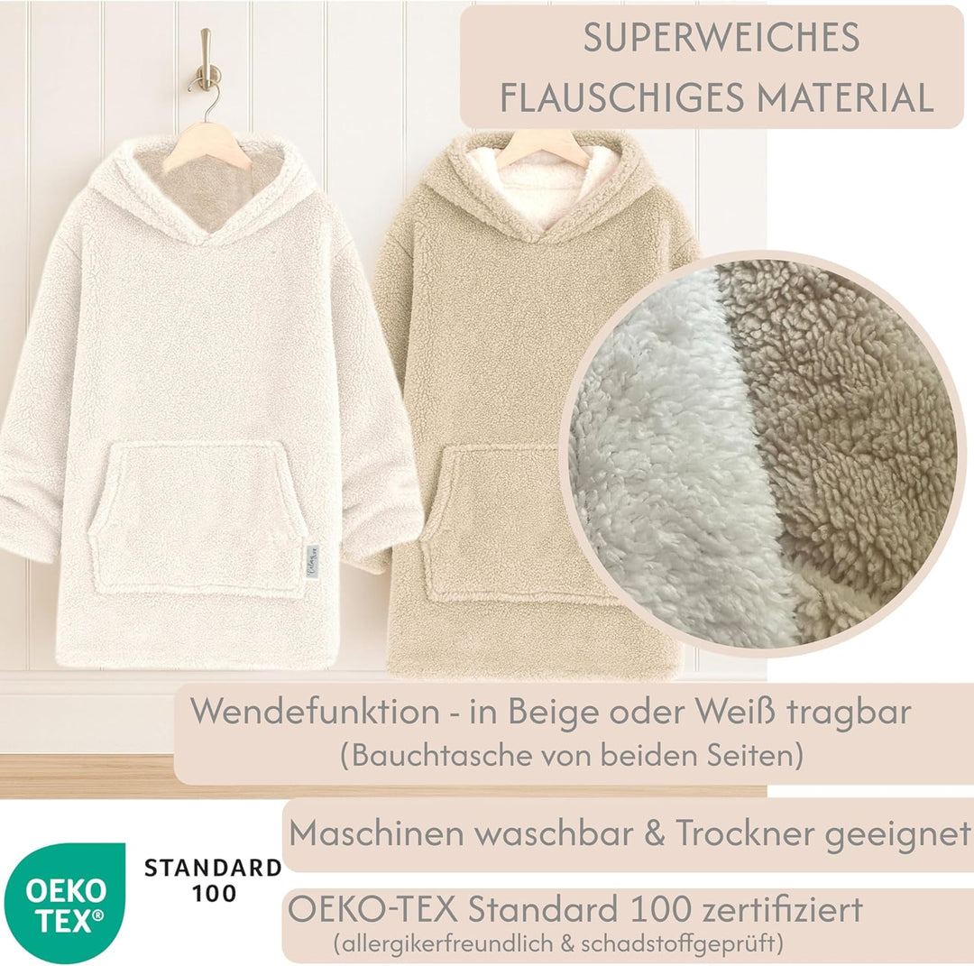 Hoodie Decke mit Ärmeln - Sherpa Wende Deckenpullover Oversize Kuscheldecke zum anziehen Kuschelponc