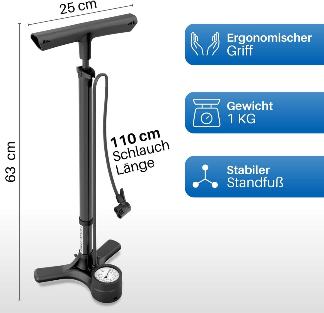 HiLo sports Standluftpumpe Fahrrad - [Passt für alle Ventile] - 11 Bar Fahrradpumpe mit grossem Mano