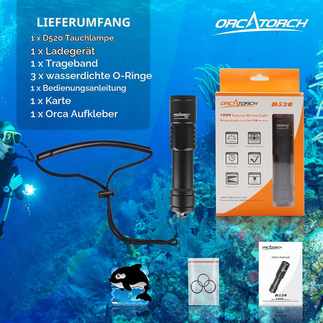 ORCATORCH D520 Tauchlampe 1000 Lumen Tauchen Taschenlampe Mechanische Kopfdrehung EIN/AUS LED Tauche