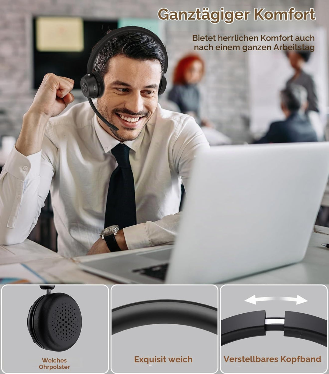 Soothielec Bluetooth Headset, Kabelloses Headset mit Mikrofon mit Geräuschunterdrückung, bestes Head
