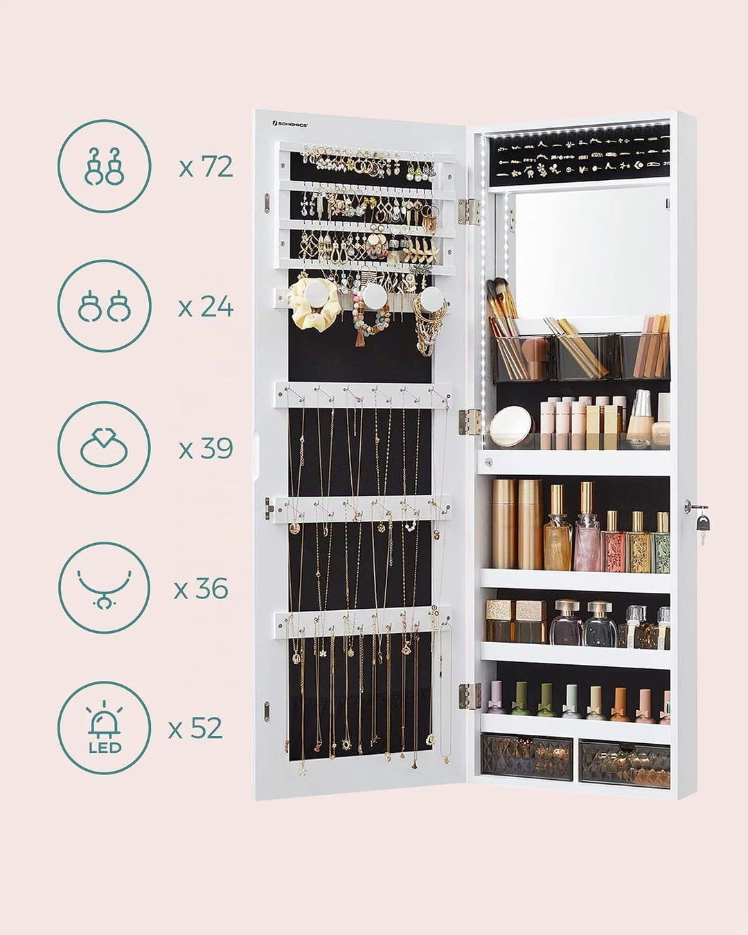 SONGMICS Schmuckschrank, Wandmontage, Organizer mit LED-Lichtern, Aufbewahrungsschrank, mit rahmenlo