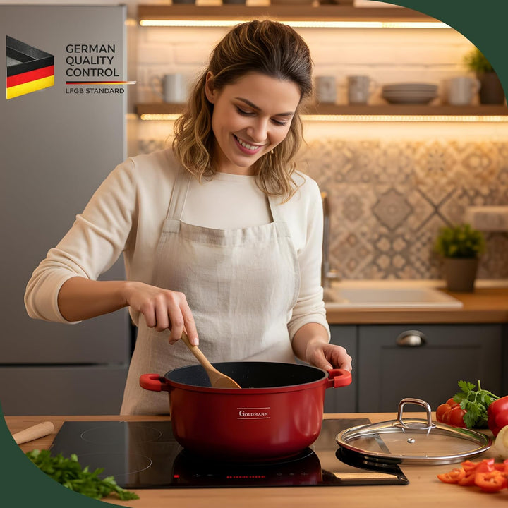 GOLDMANN Premium Gussaluminium Kochtopf 24 CM – 4.5 L – Modern Rot – Keramik-Marmor-Antihaft-Kassero