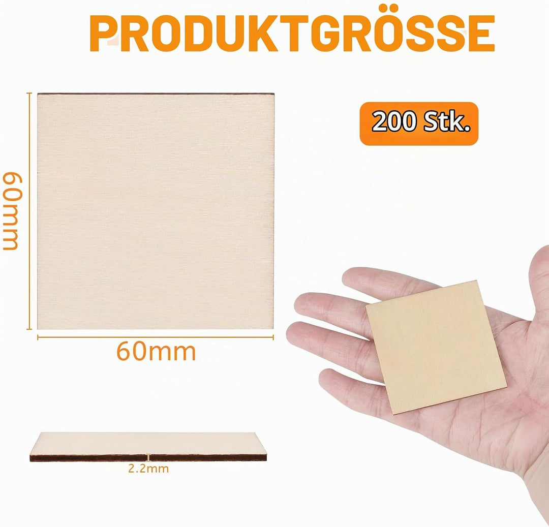 DBREAKS 200 Stücke Quadrate Holzscheiben, Basteln Holzplättchen, Baumscheiben, Holz Platten, Naturho