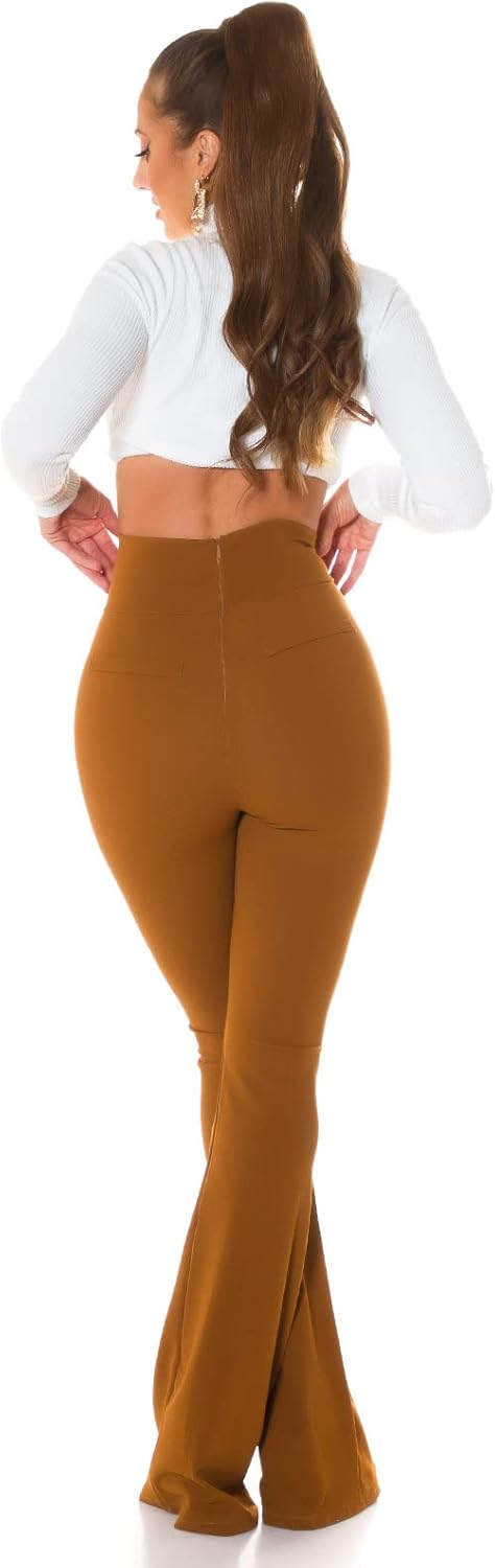 Koucla Stoff Business High Waist Schlag Hose mit Deko Knöpfe XL Hellbraun, XL Hellbraun