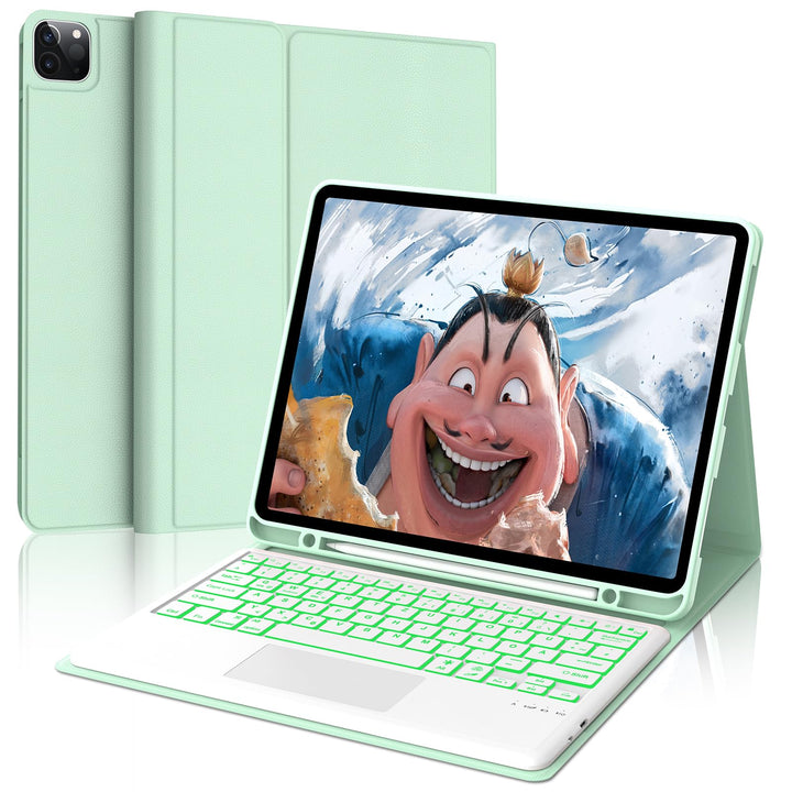 Hülle mit Tastatur für iPad Pro 12.9 (6/5/4/3 Gen), 7 Farben Beleuchtung, Multi Touch Trackpad, Deut