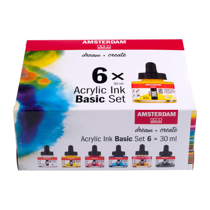 Amsterdam Acryltintenset | Basisset (6 x 30 ml) | Grundfarben, Schwarz, Weiss & Ocker | flüssige Acr
