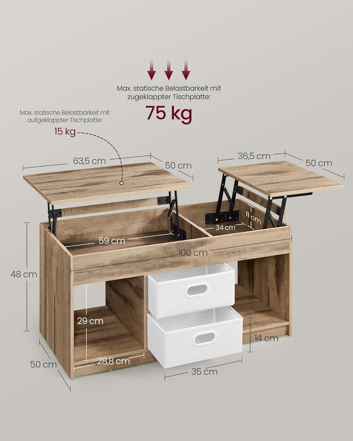 VASAGLE Couchtisch, höhenverstellbarer Wohnzimmertisch, 2 Schubladen und versteckte Fächer, Kaffeeti