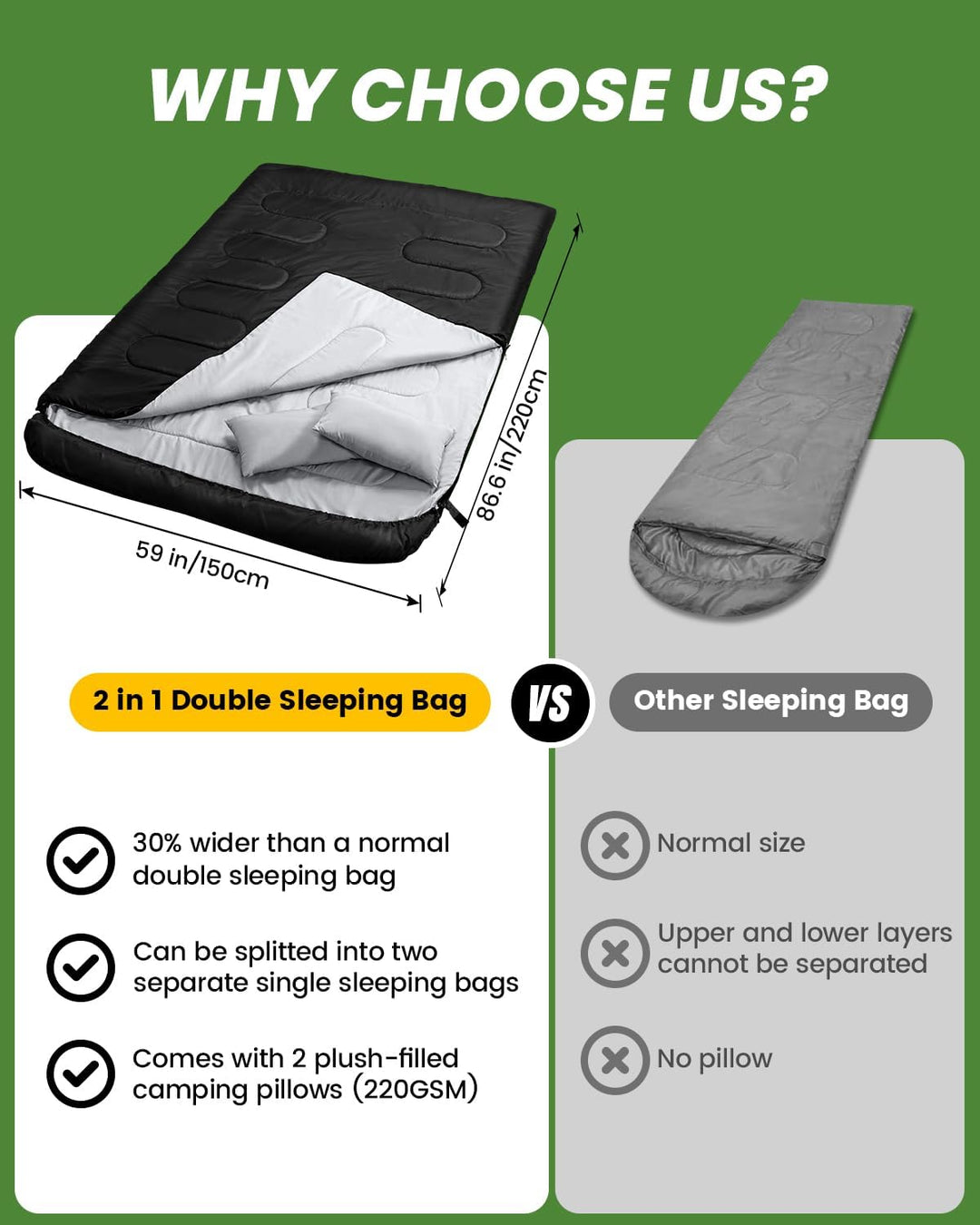 Schlafsack Outdoor: Sportneer Schlafsäcke 2 Personen Doppelschlafsack 220x150cm, 3.5kg mit 2 Kissen,