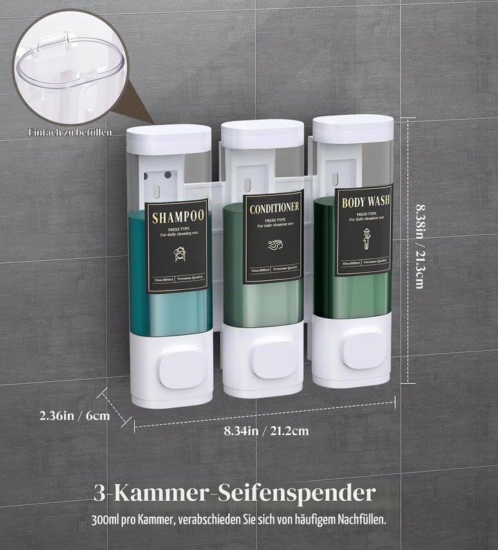 Luxspire Shampoo- und Conditioner-Spender, bohrerloser Wand-Duschseifenspender mit 3 Kammern und was