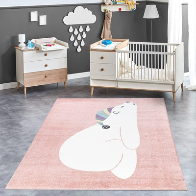 payé Teppich Kinderzimmer - Rosa - 120x160cm - Pastellfarben Spielteppich Kinderteppich Kurzflor Wei