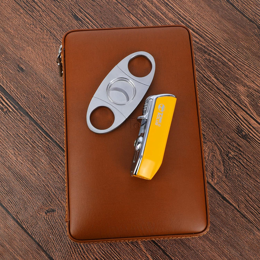 4-Finger tragbares Reise Leder Zigarrenetui, Zigarrenschneider, Zigarren Befeuchter mit Zigarrenschn