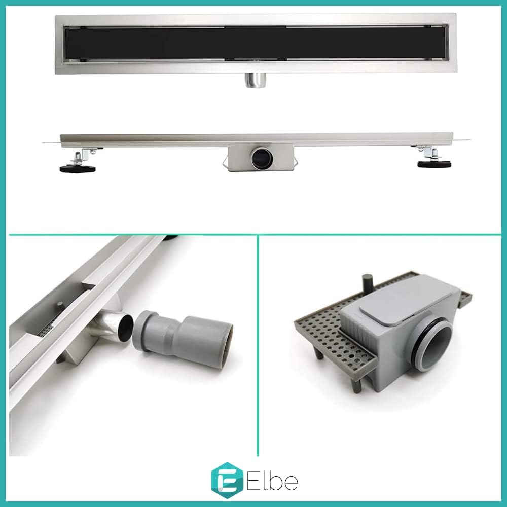 Elbe Duschrinne 100cm Extra Flach 304 Edelstahl Bodenablauf mit Schwarzer Glasabdeckung Komplettset