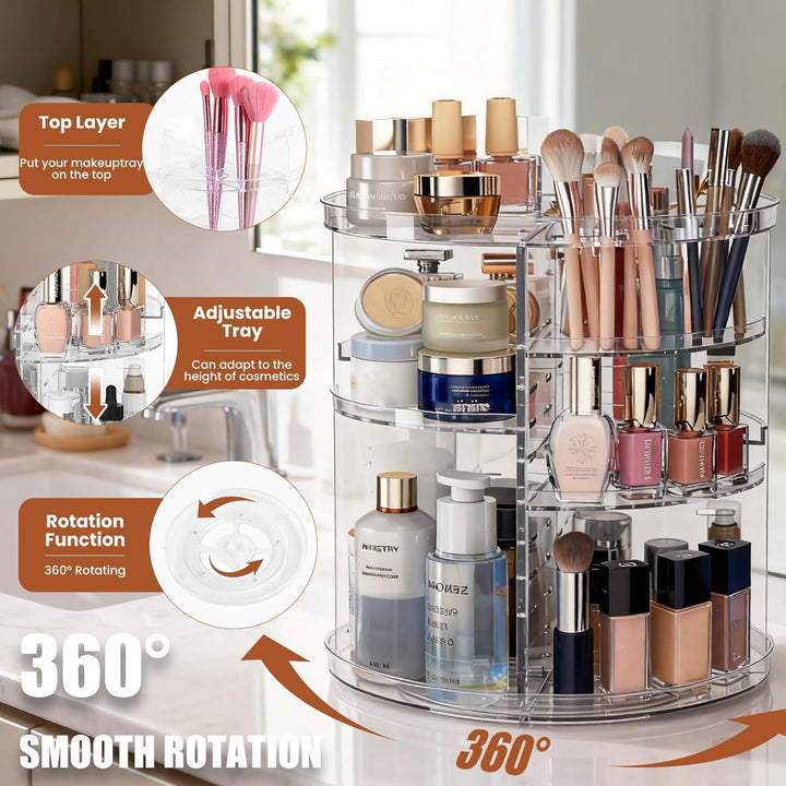 Make Up Kosmetik Organizer 360° Drehbar aus Kunststoff, Transparente Aufbewahrung für Schminktisch m