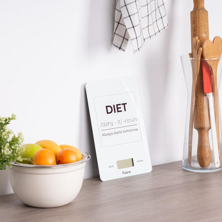 Fisura - Digitale Küchenwaage "diet" weiss. Originale elektronische Waage bis 5 kg/11 lbs. Multifunk