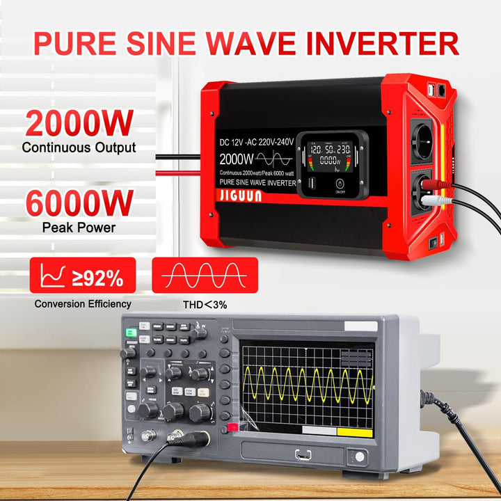 JIGUUN 2000W Wechselrichter Reiner Sinus Spannungswandler 12V 230V Inverter mit 2 EU Steckdosen& 2.4