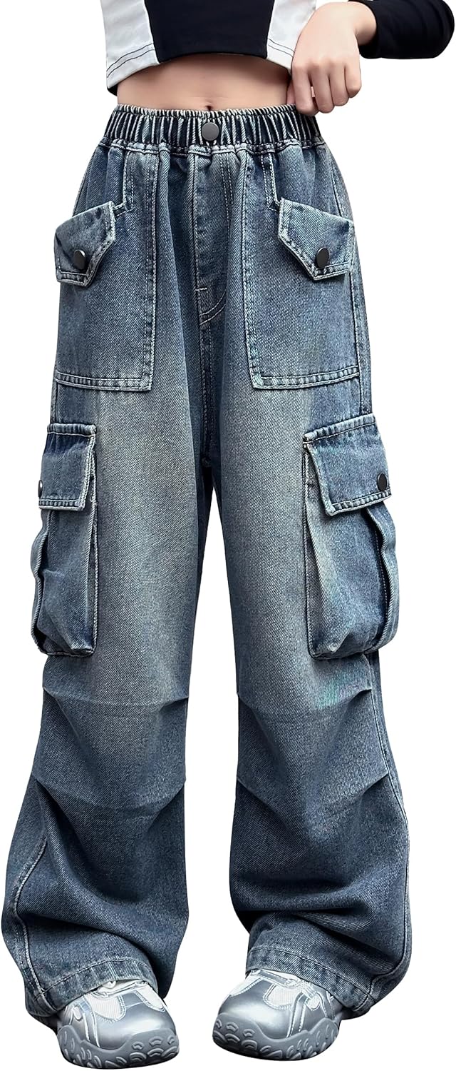 Rolanko Baggy Cargo Jeans für Mädchen, Elastische Hose mit Hoher Taille und Weitem Bein Y2K Jeanshos