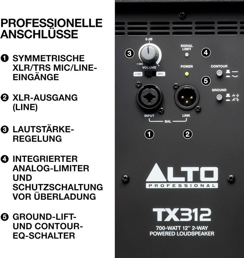 Alto Professional TX312 – 700 Watt 12-Zoll 2-Wege aktiver PA-Lautsprecher mit Signal-Limiting und sc