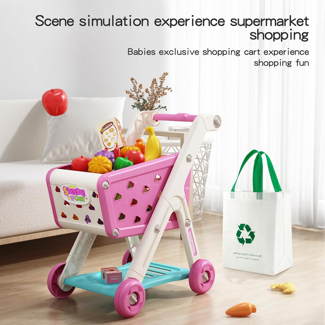 JOVOW Kinder Einkaufswagen Spielset, Zubehör für die Kaufladen 98 Stück mit Spielzeug Einkaufstasche