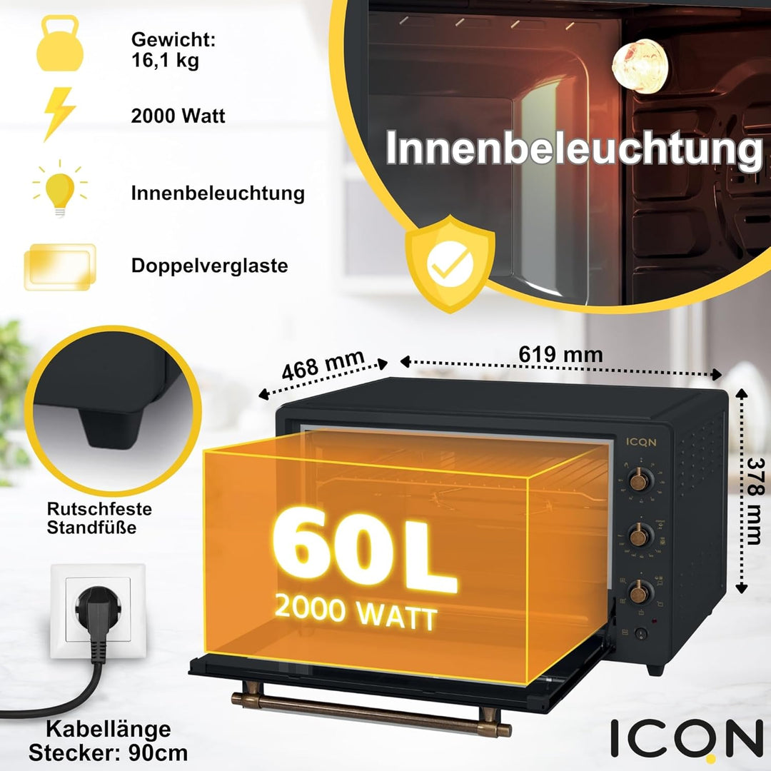 ICQN Rustik Minibackofen 60 Liter XXL mit Umluft, Drehspiess, Emailliert, Anthrazit Rustik Anthrazit