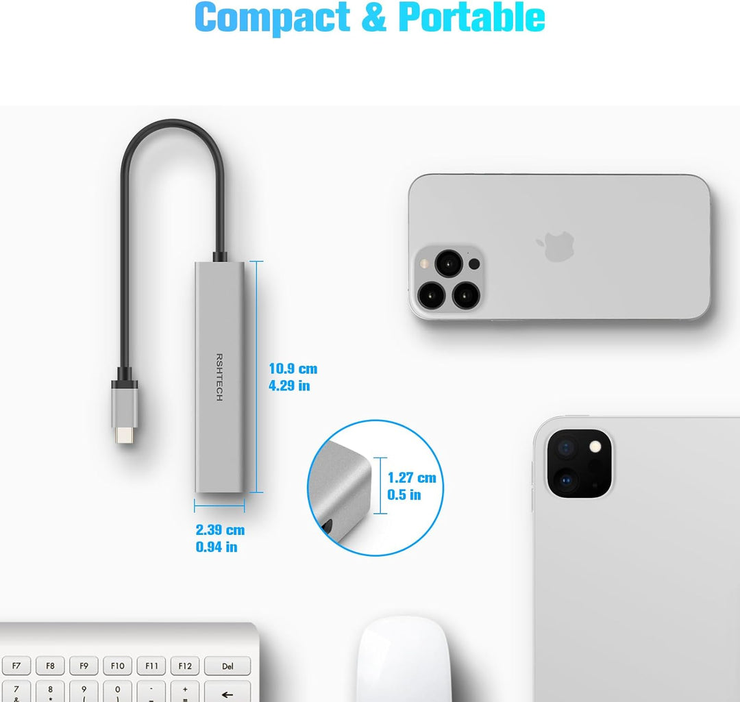 USB C Hub 10Gbps, RSHTECH 4-Port USB C 3.2 Hub Aluminium USB 3.1 Gen2 Ultra Slim Datenhub Portable M