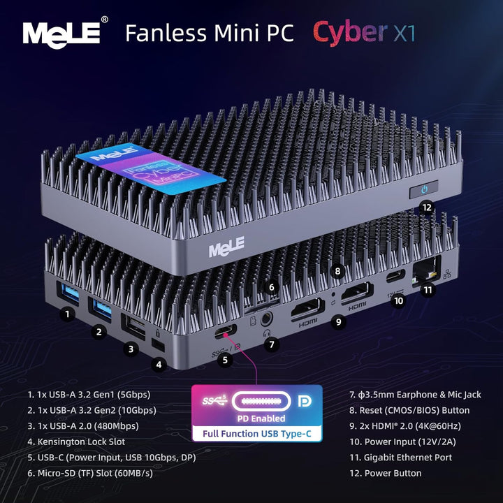 MeLE Cyber X1 Lüfterloser Mini PC 16GB DDR4 512GB ROM Micro PC Twin Lake N150(bis zu 3.6GHz) USB-C 2