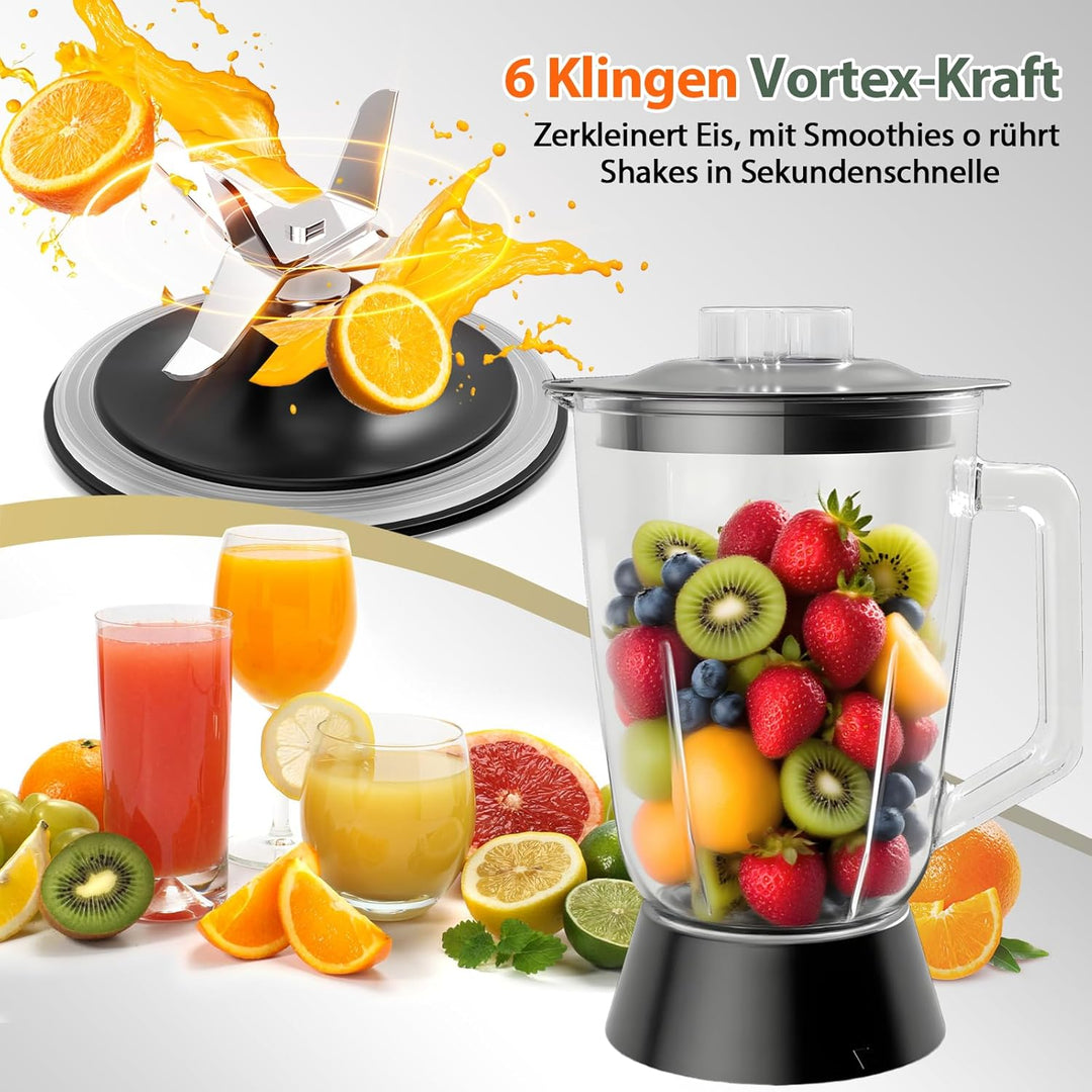 Küchenmaschine und Mixer Kombination 1500W, 2,5L Zerkleinerer für Fleisch, Gemüse und Teig, 2L Stand