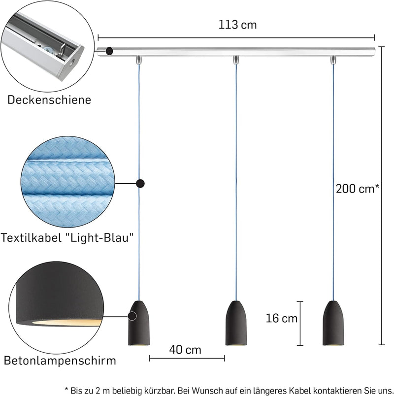 Buchenbusch urban design Pendelleuchte 3-flammig dark edition, Lampe Esstisch mit Textilkabel Light