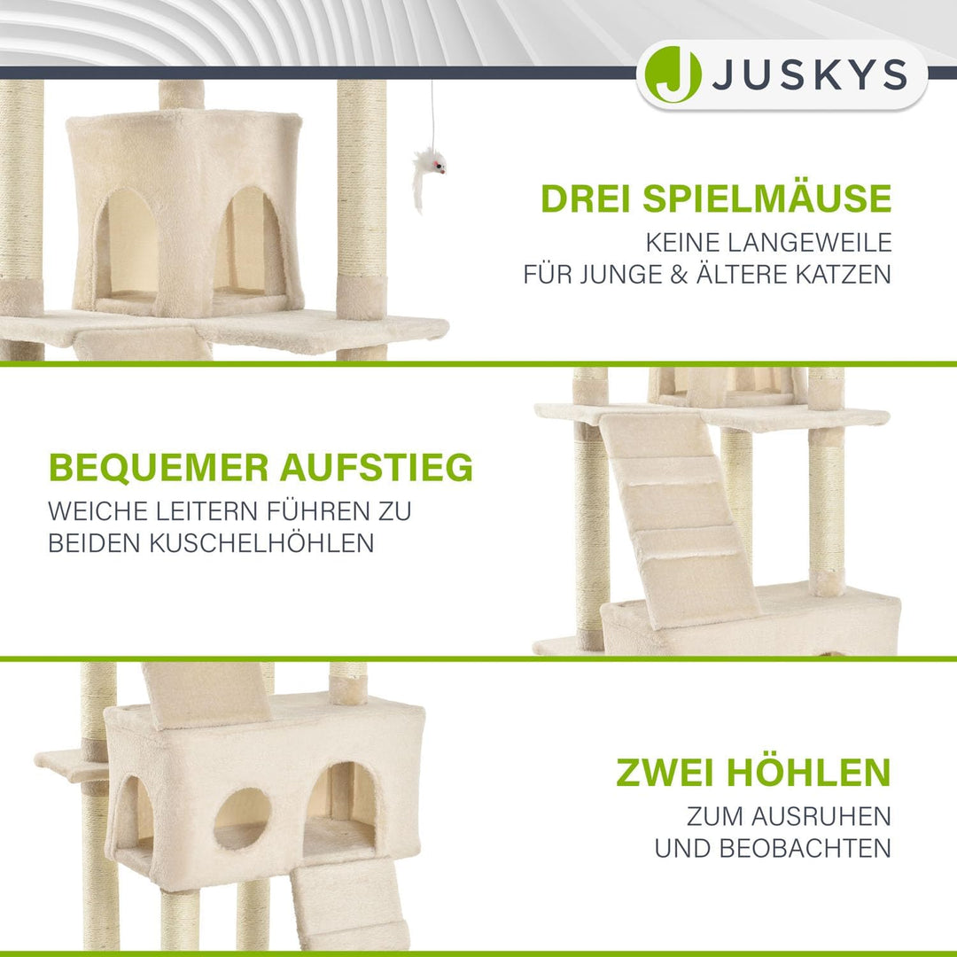 Juskys XXL Kratzbaum Amy beige — Katzenbaum mit Höhlen, Liegeflächen, Leitern & Sisal-Stämmen — Stab