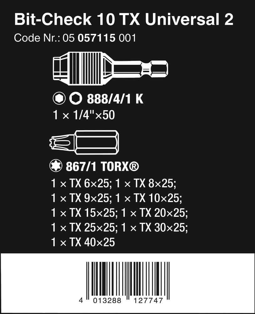 Wera Bit-Sortiment, Bit-Check 10 TX Universal 2, 10-teilig, 05057115001, Bit-Check 10 TX Universal 2