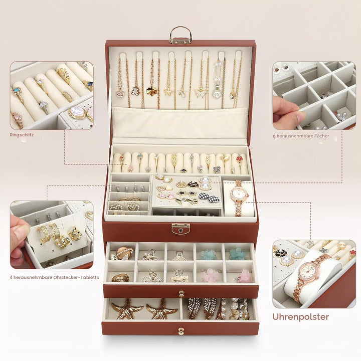 Schmuckkasten, Schmuckkästchen mit 3 Ebenen mit Schubladen, PU-Leder Schmuckbox Schmuckschatulle Gro