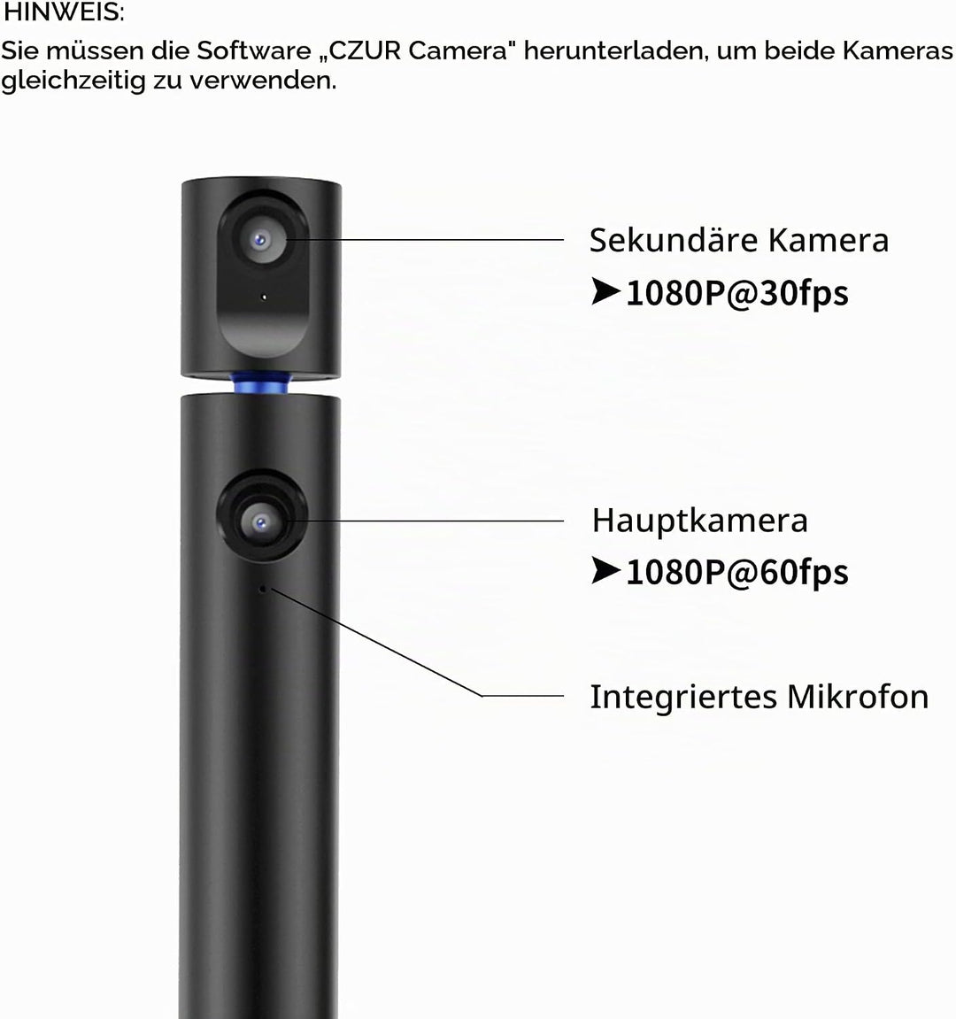 CZUR Halo Dual Webcam 180° Drehbare, 1080P Kamera mit Mikrofon Streamcam Videokamera 90° Sichtfeld C