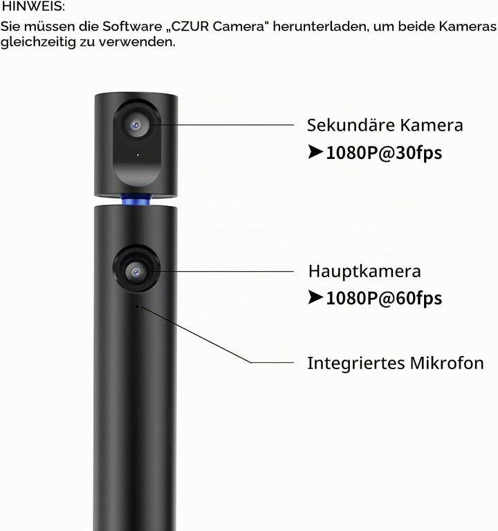 CZUR Halo Dual Webcam 180° Drehbare, 1080P Kamera mit Mikrofon Streamcam Videokamera 90° Sichtfeld C