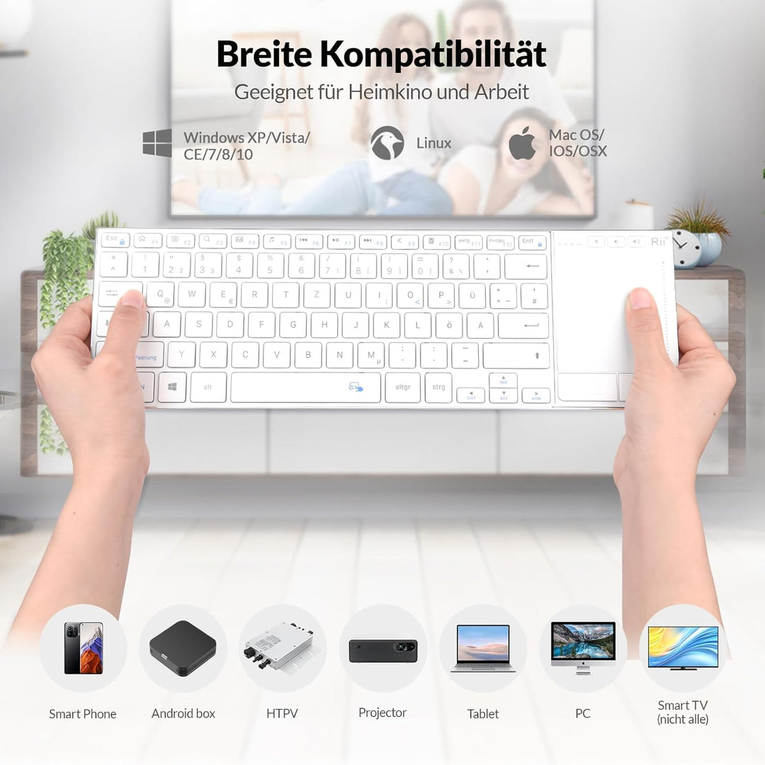 Rii Kabellose Tastatur mit Touchpad, Zwei Verbindungsmodi, Wireless Keyboard, Tastatur Kabellos Klei